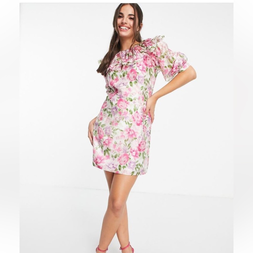 EverNew Pink and Green Puff‎ Sleeve Mini Sundress